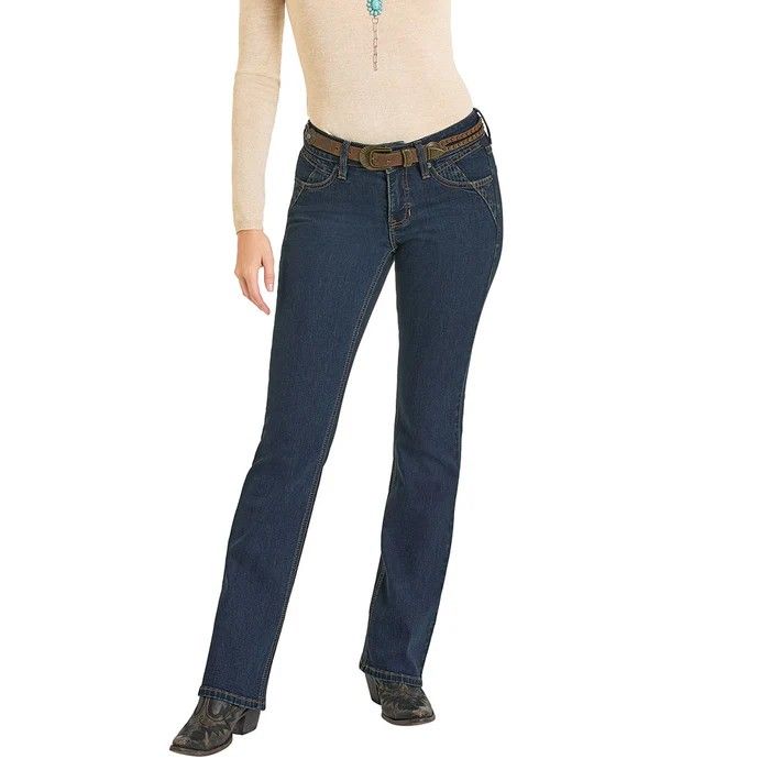ROCK &amp; ROLL DENIM WOMEN'S JACQUARD DETAIL MID RISE BOOT CUT JEAN - DARK WASH