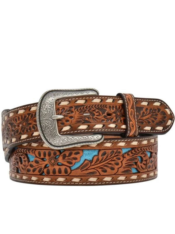 3D MEN'S FLORAL TOOLED WITH TURQUOISE BELT