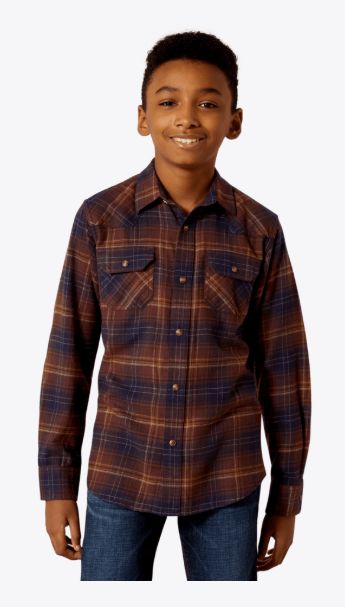 ARIAT BOYS' HARLEIGH RETRO CLASSIC FIT FLANNEL SNAP SHIRT - DEEP MAHOGANY