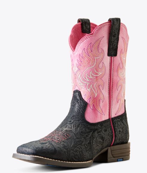 ARIAT GIRLS' OUTRIDER BOOT - TOOLED BLACK FOOT/PINK TOP