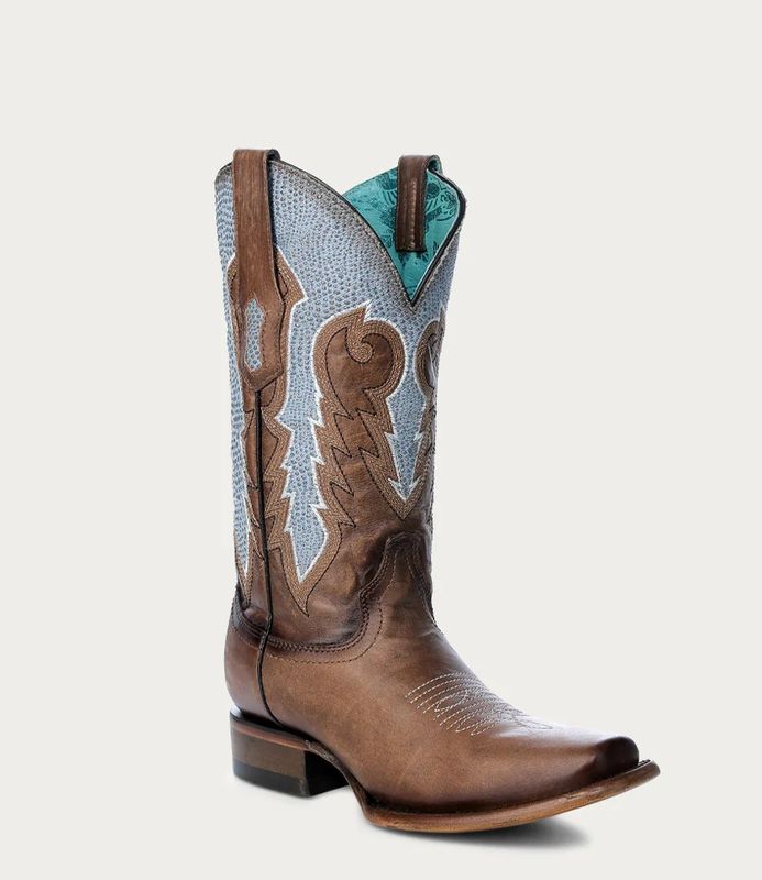 CORRAL WOMEN'S EMBROIDERY &amp; OVERLAY SQUARE TOE BOOT - BROWN/BLUE