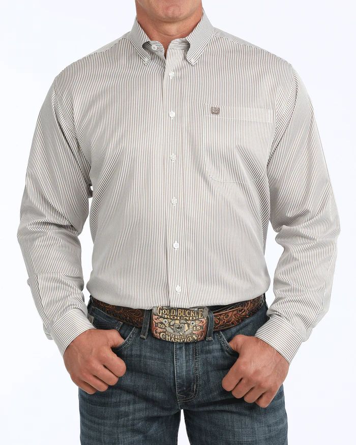 CINCH MEN'S TENCEL MICRO STRIPE BUTTON DOWN SHIRT - KHAKI
