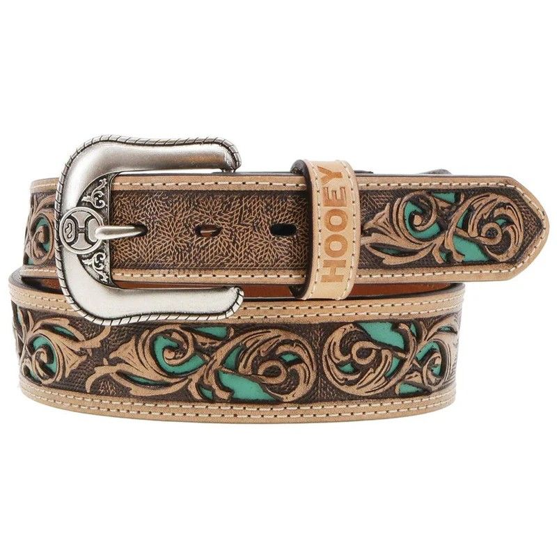 HOOEY MEN'S HANDTOOLED LEATHER FILIGREE TURQUOISE INLAY BELT