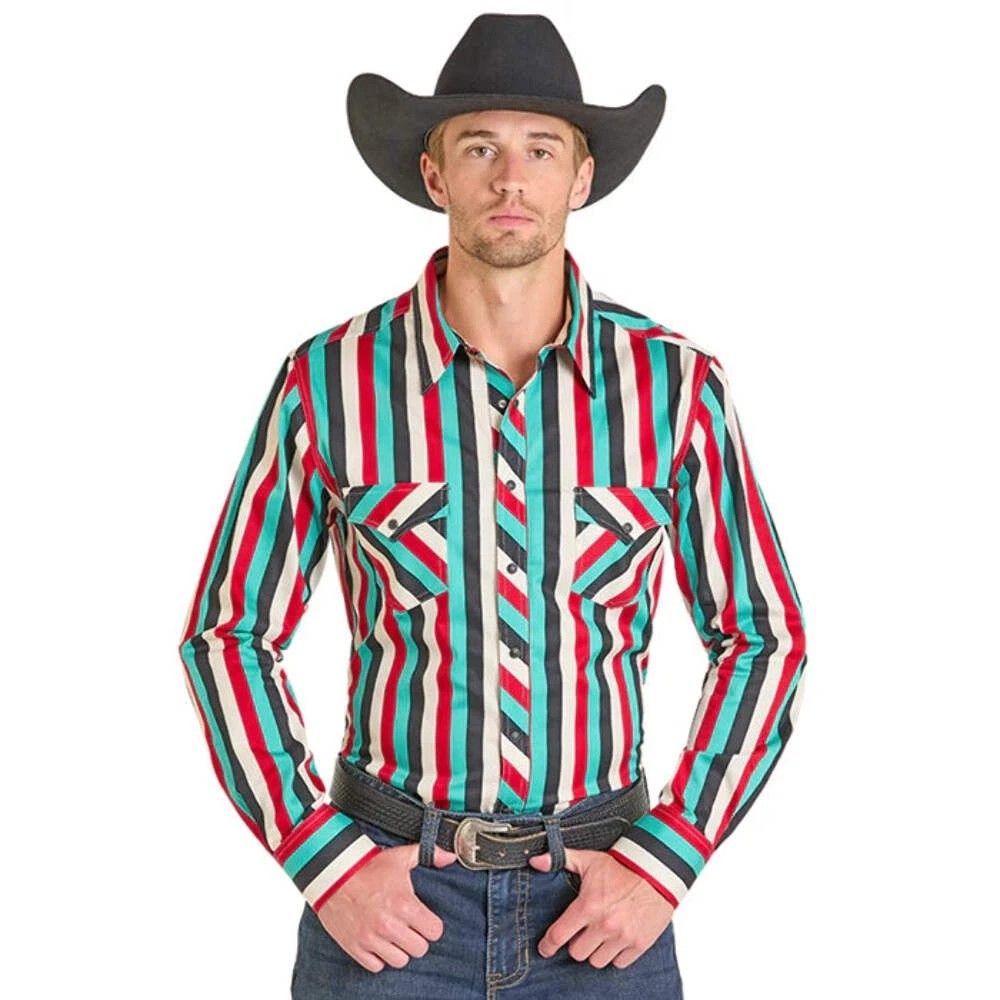 ROCK &amp; ROLL DENIM MEN'S STRIPED PRINTED TWILL SNAP LONG SLEEVE SHIRT - BLACK