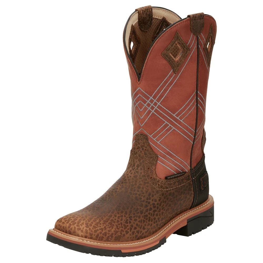 JUSTIN MEN'S 12" COWHIDE SQUARE TOE WATERPROOF BOOT - BURNT ORANGE