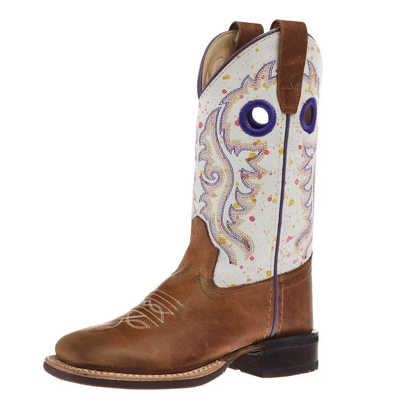 OLD WEST GIRLS' WIDE SQUARE TOE BOOT - WHITE PAINT SPLATTER TOP