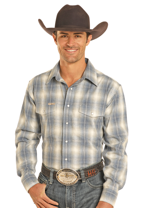 POWDER RIVER MEN'S PLAID LONG SLEEVE SNAP SHIRT - CERULEAN