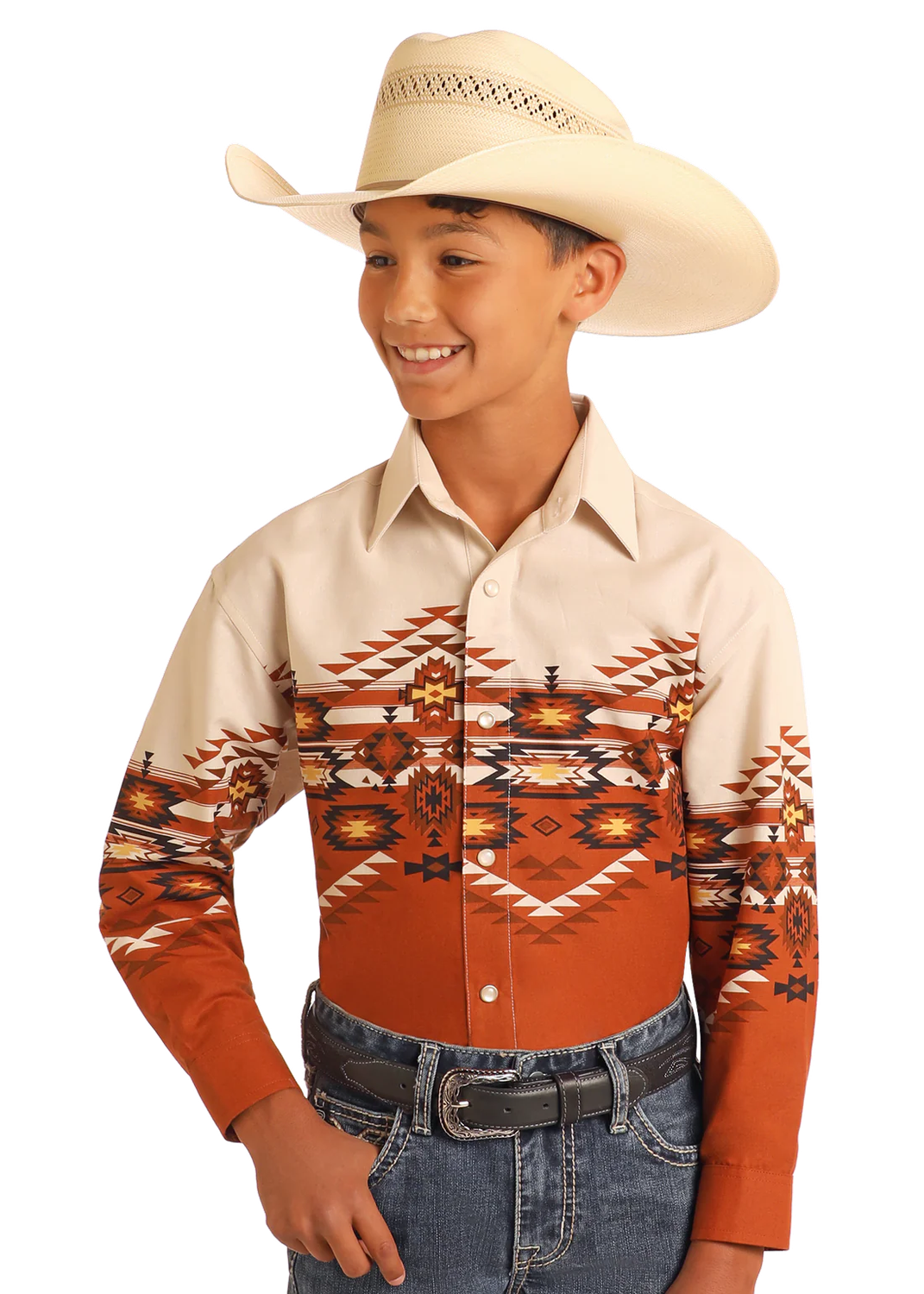 PANHANDLE SLIM BOYS' LONG SLEEVE SNAP SHIRT - AZTEC BORDER