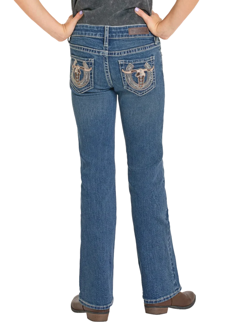 ROCK &amp; ROLL DENIM GIRLS' STEER AND HORSESHOE BOOT CUT JEAN