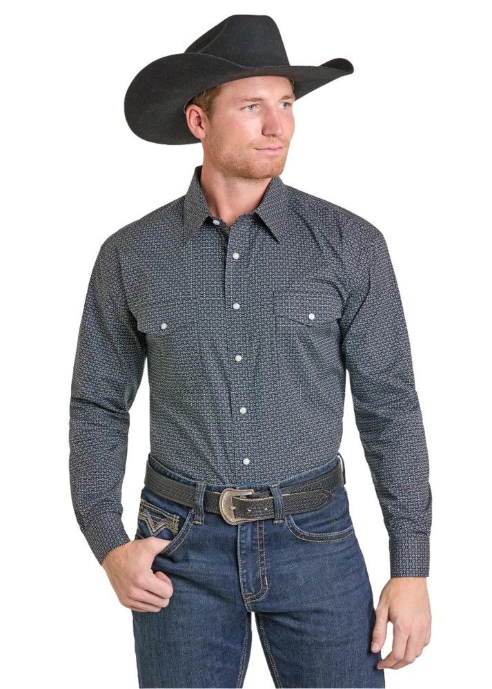 PANHANDLE SLIM MEN'S GEO PRINT LONG SLEEVE SNAP SHIRT - BLACK