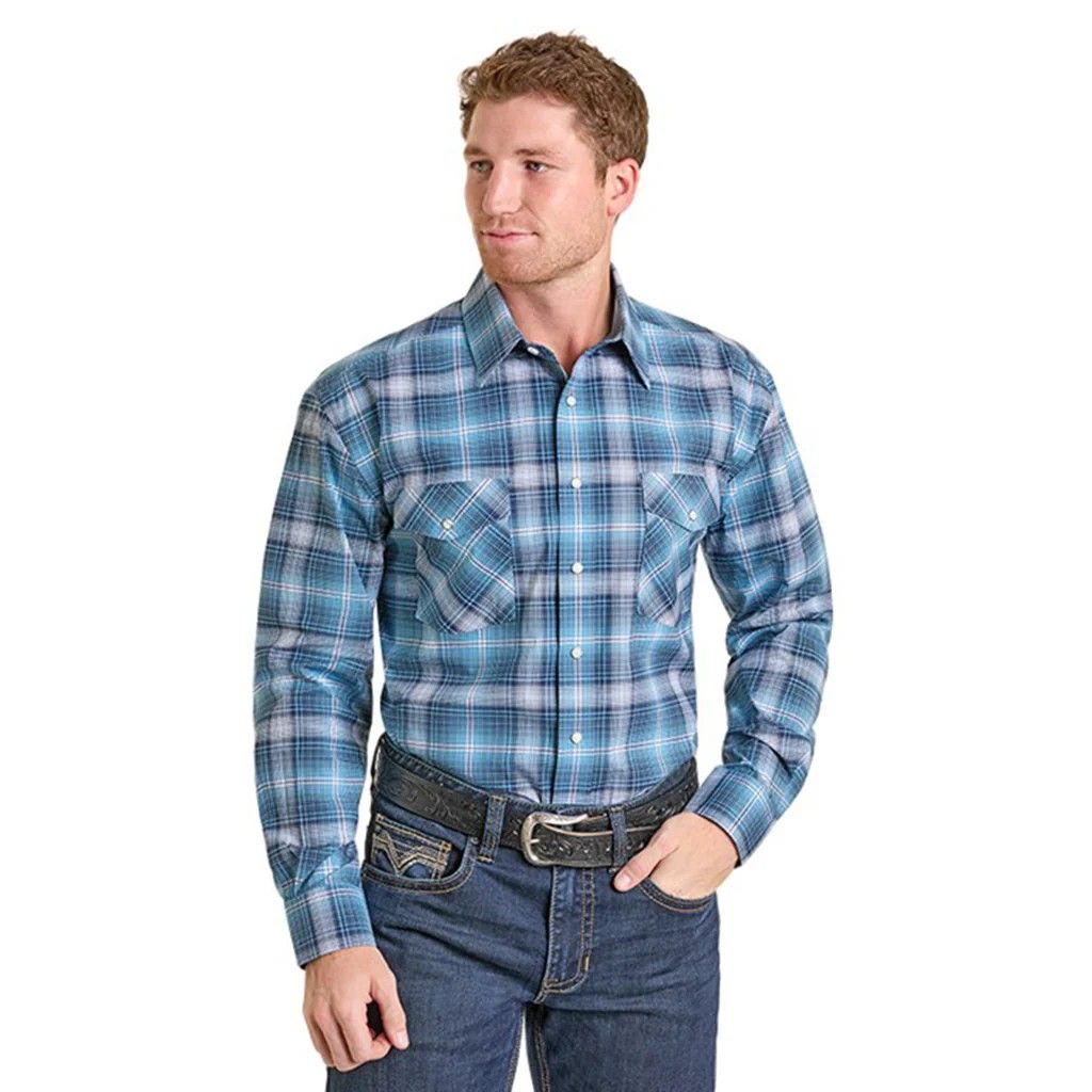 PANHANDLE SLIM MEN'S PLAID LONG SLEEVE SNAP SHIRT - BLUE