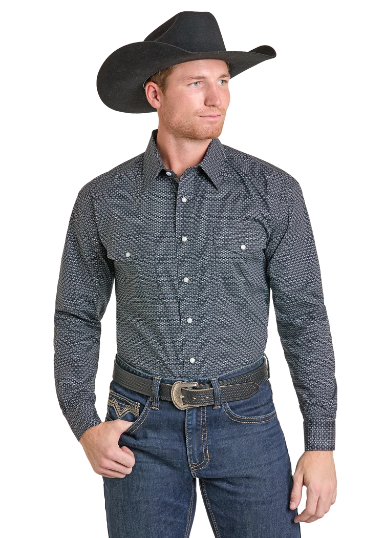PANHANDLE SLIM MEN'S PRINT LONG SLEEVE SNAP SHIRT - BLACK
