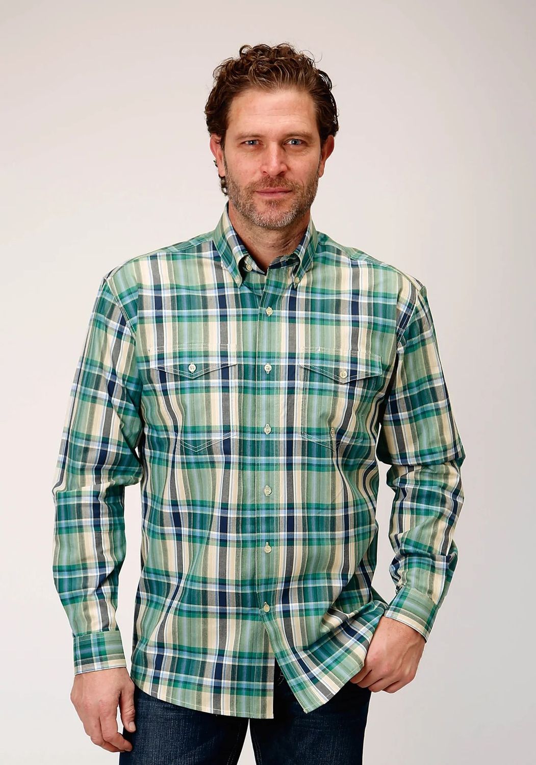 ROPER MEN'S BIG AND TALL PLAID LONG SLEEVE SNAP SHIRT - OCEAN