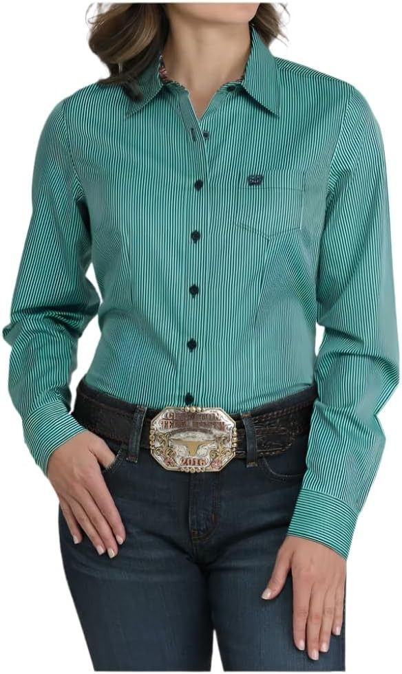 CINCH WOMEN'S LONG SLEEVE STRIPE TENCEL BUTTON DOWN SHIRT - TURQUOISE