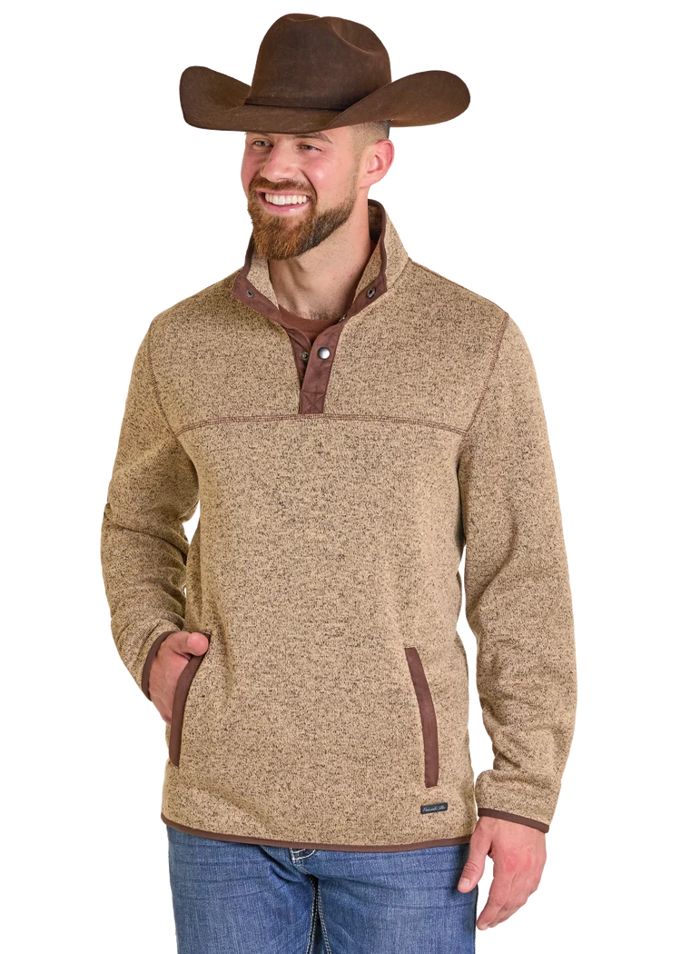 POWDER RIVER MEN'S MELANGE HENLEY QUARTER BUTTON LONG SLEEVE PULLOVER - TAN