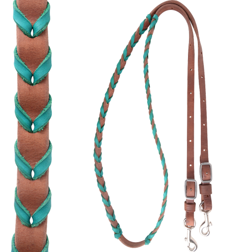 LATIGO LACED BARREL REIN, 5/8-INCH THICK BUCKLE AND KEEPER SNAP ENDS, COLOR: Turquoise