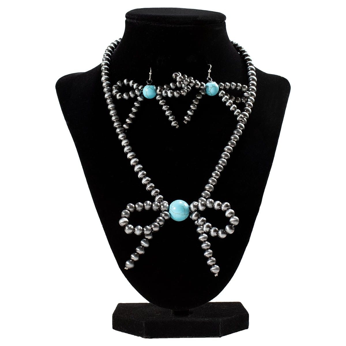 SILVER STRIKE BEADED BOW EARRING/NECKLACE DUO