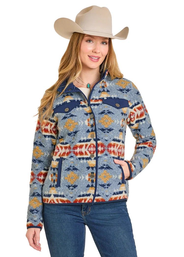 PANHANDLE SLIM WOMEN'S AZTEC BERBER SNAP JACKET - SKY BLUE