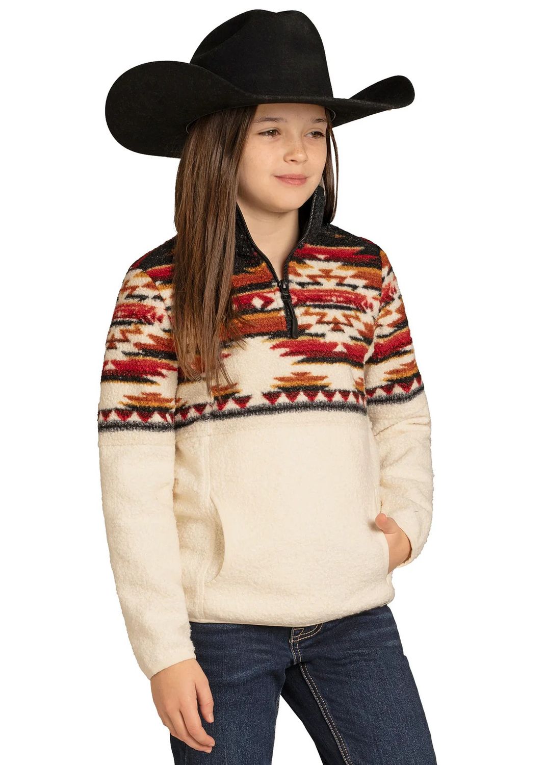 PANHANDLE SLIM GIRLS' AZTEC BORDER BERBER PULLOVER - BLACK