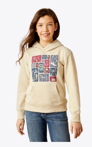 ARIAT GIRLS' WESTERN BLOCKS HOODIE - OYSTER GREY