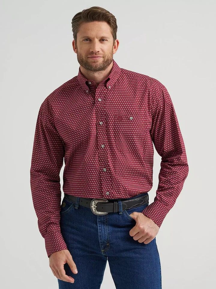 WRANGLER MEN'S GEORGE STRAIGHT LONG SLEEVE ONE POCKET BUTTON SHIRT - WHITE/WINE