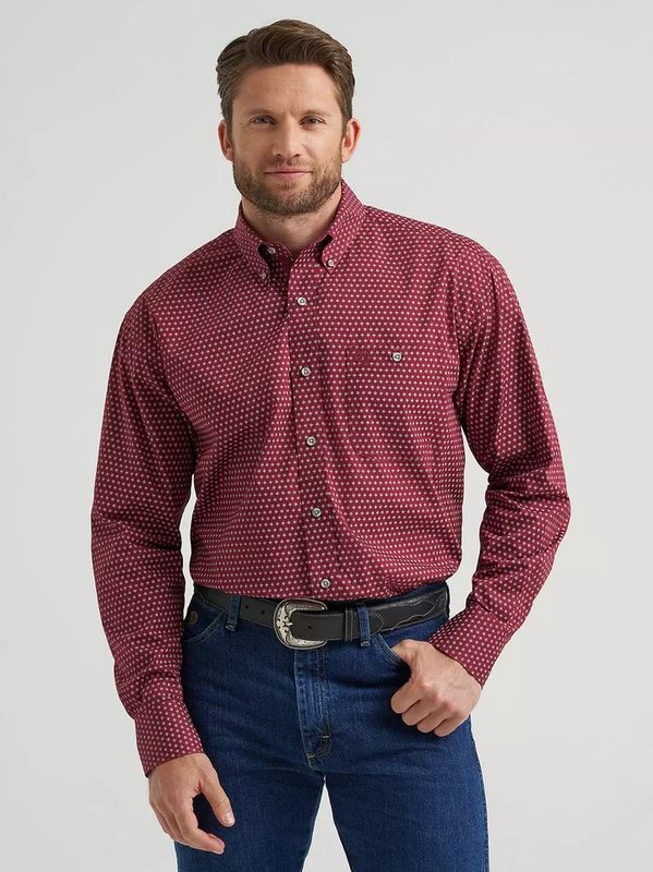 WRANGLER MEN'S GEORGE STRAIGHT LONG SLEEVE ONE POCKET BUTTON SHIRT - WHITE/WINE