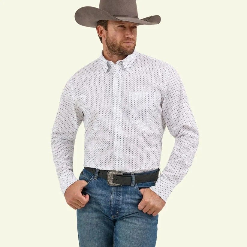 WRANGLER MEN'S CODY JOHNSON LONG SLEEVE CLASSIC FIT BUTTON SHIRT - GREY/WHITE