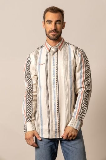 KIMES RANCH MEN'S LONG SLEEVE DOUBLE TAP STRIPE BUTTON SHIRT - CREAM MULTI, COLOR: BLACK, SIZE: XX-LARGE