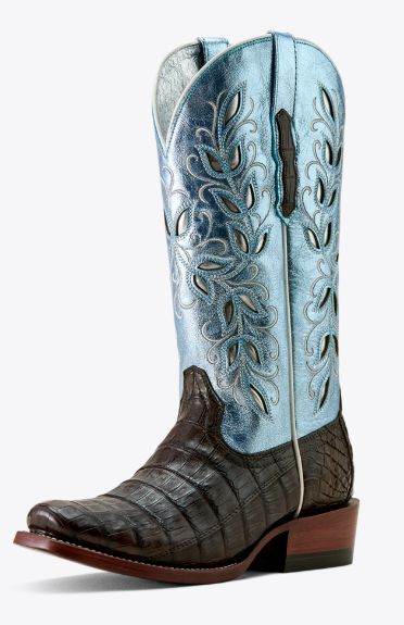 ARIAT WOMEN'S 13" FUTURITY SILK NARROW SQUARE TOE CUTTER HEEL BOOT - CHOCOLATE ESPRESSO CAIMAN