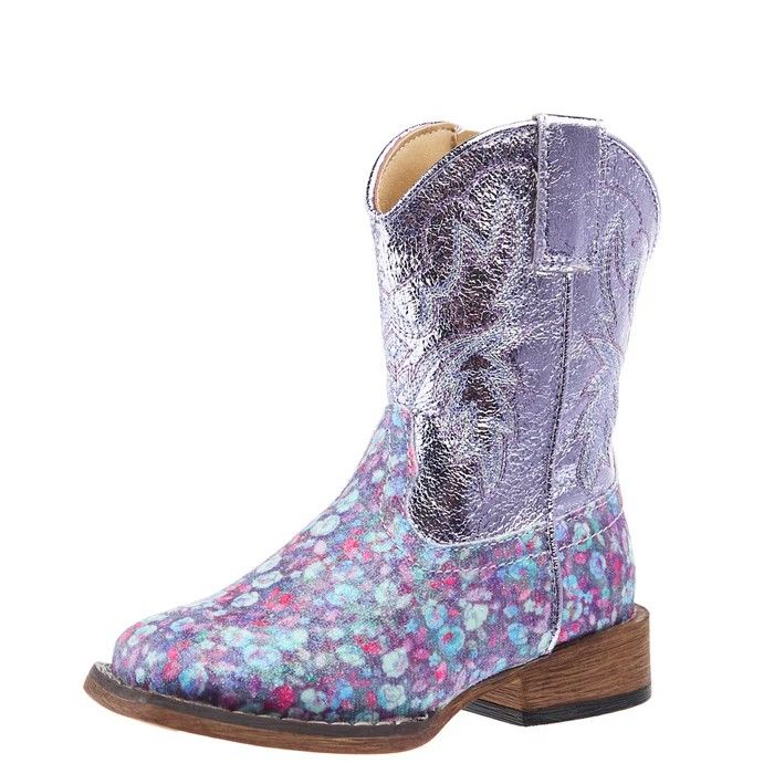 ROPER GIRLS' WIDE SQUARE TOE GLITTER BLOOM BOOT - PURPLE