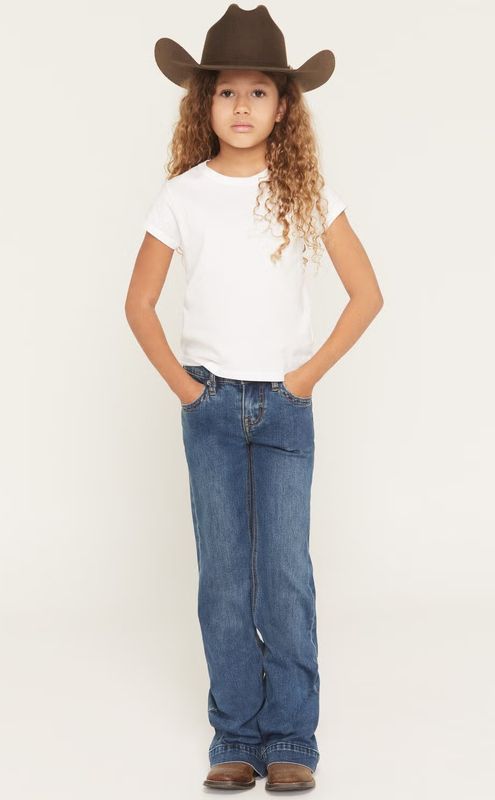 ROCK &amp; ROLL DENIM GIRLS' RAISED DENIM BOOT STITCH TROUSER JEAN - MEDIUM WASH