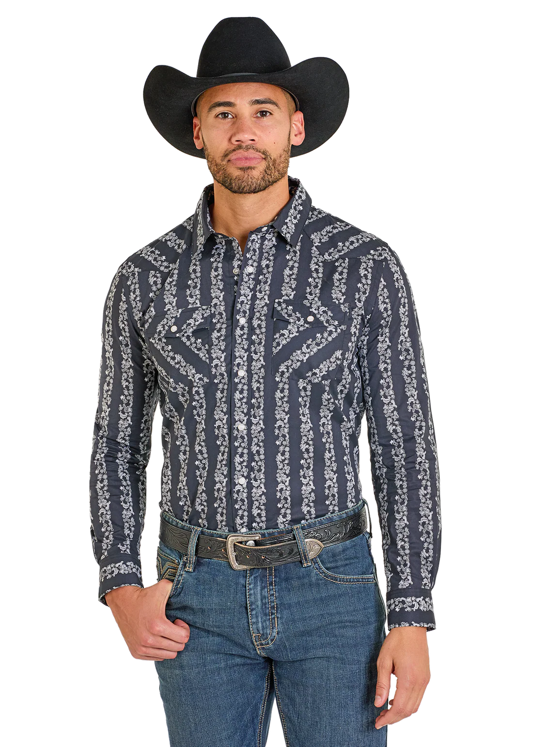 PANHANDLE SLIM MEN'S LONG SLEEVE 2 POCKET PEARL SNAP SHIRT - BLACK