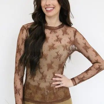 TURQUOISE HAVEN WOMEN'S LONG SLEEVE LACE MESH SHIRT, COLOR: BROWN, SIZE: SMALL