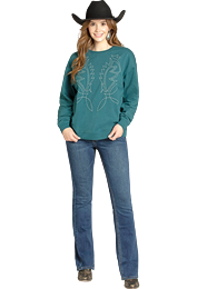 ROCK &amp; ROLL DENIM WOMEN'S LONG SLEEVE EMBROIDERED SWEATSHIRT - TEAL