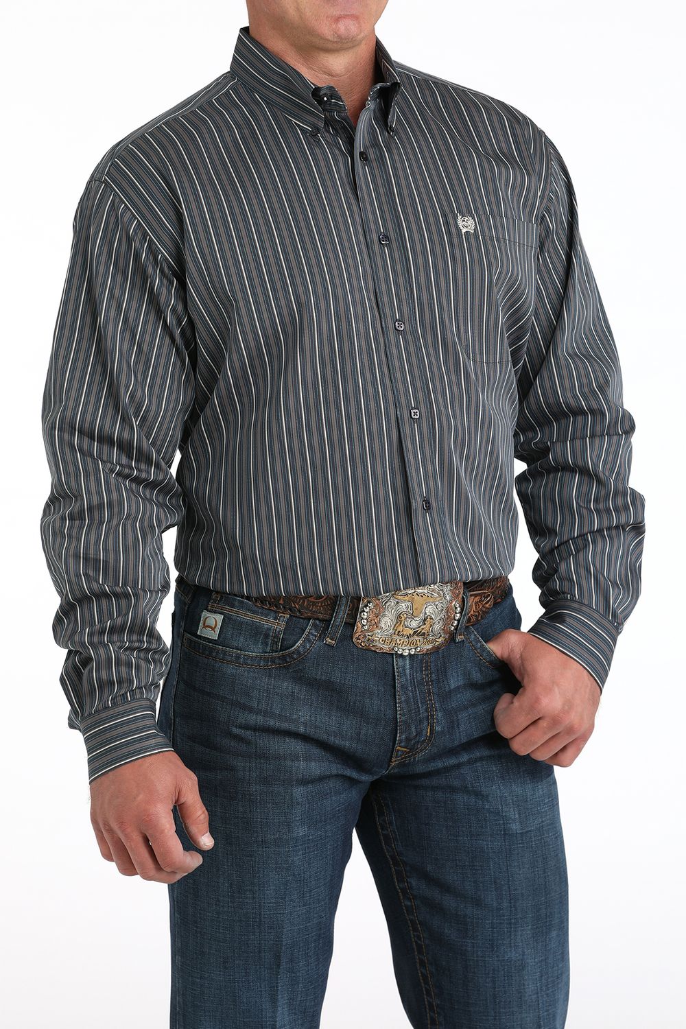 CINCH MEN'S LONG SLEEVE STRIPED BUTTON SHIRT - CHARCOAL
