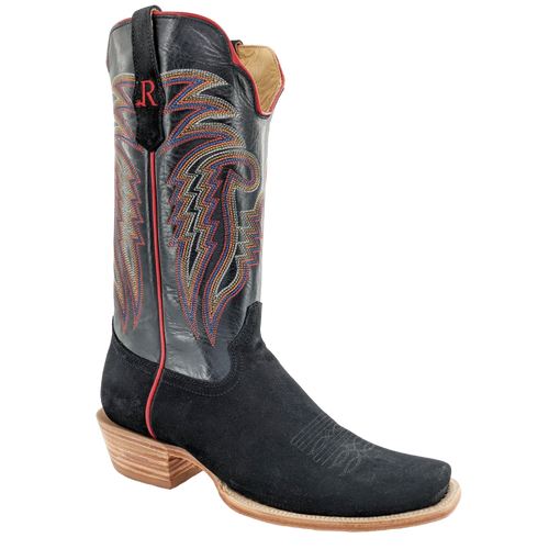 R. WATSON MEN'S 13" NARROW SQUARE TOE COWBOY HEEL ROUGHOUT BOOT - BLACK