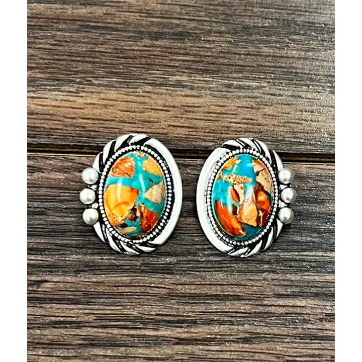 ISAC TRADING INC. 20MM OVAL GEMSTONE STUD EARRINGS