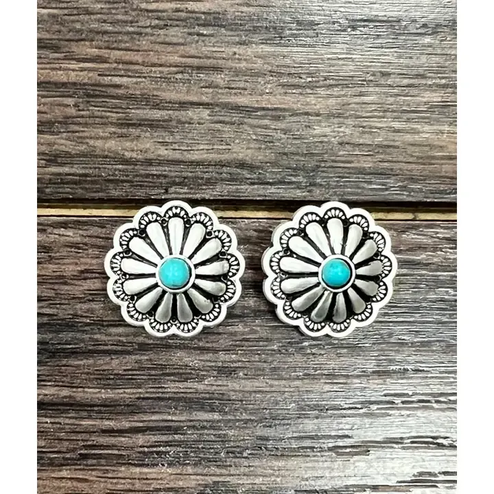 ISAC TRADING INC. BRASS CONCHO TURQUOISE STUD EARRINGS