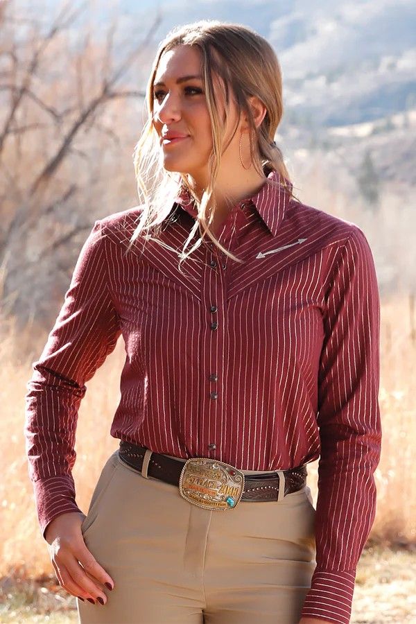 CRUEL DENIM WOMEN'S LONG SLEEVE STRIPED BUTTON SHIRT - BURGUNDY