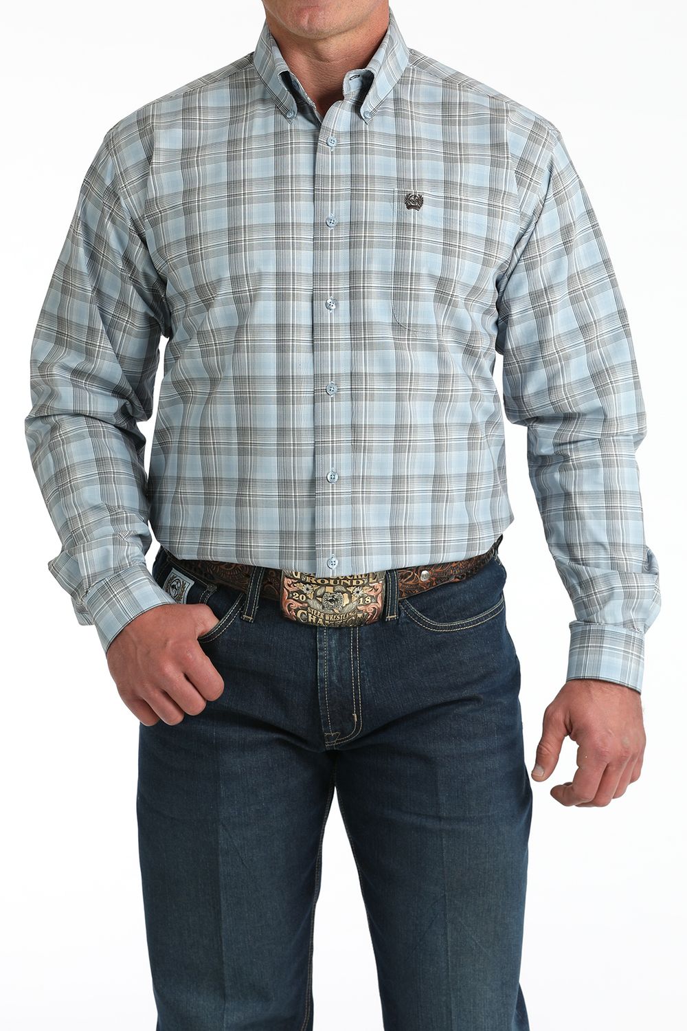 CINCH MEN'S LONG SLEEVE PLAID BUTTON SHIRT - LIGHT BLUE