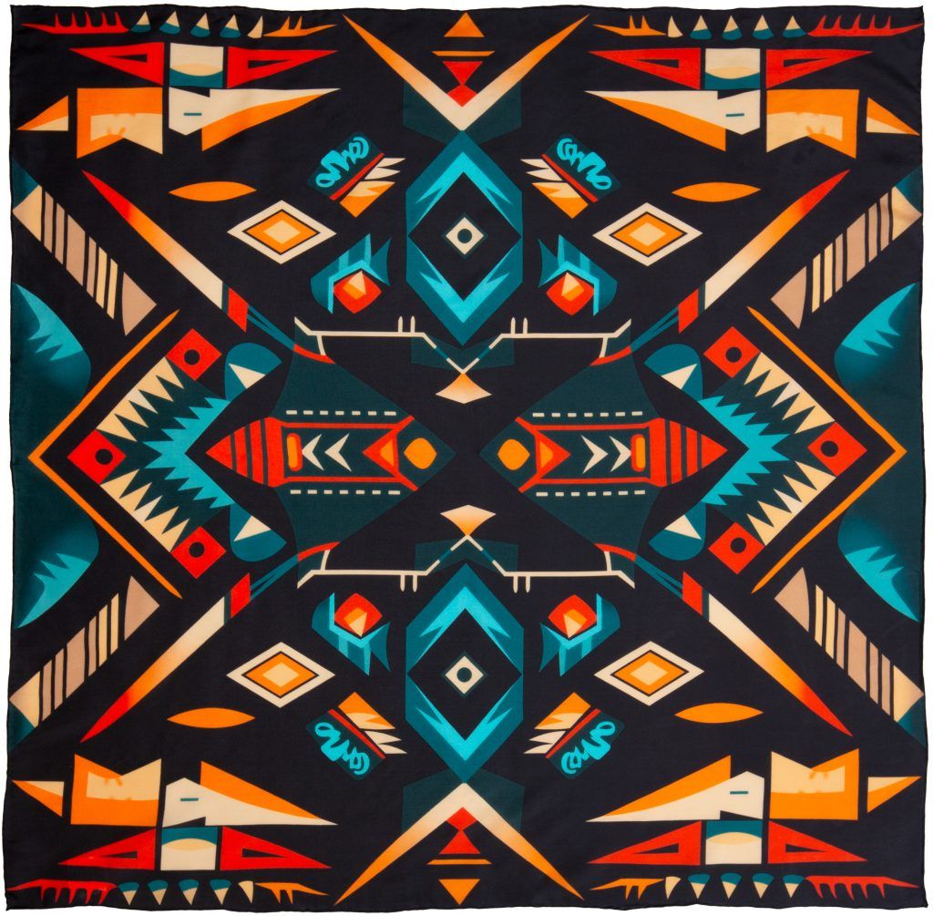 WYOMING TRADERS 8WT 34.5"X34.5" AZTEC SILK WILD RAG, COLOR: #7 BLACK/ORANGE
