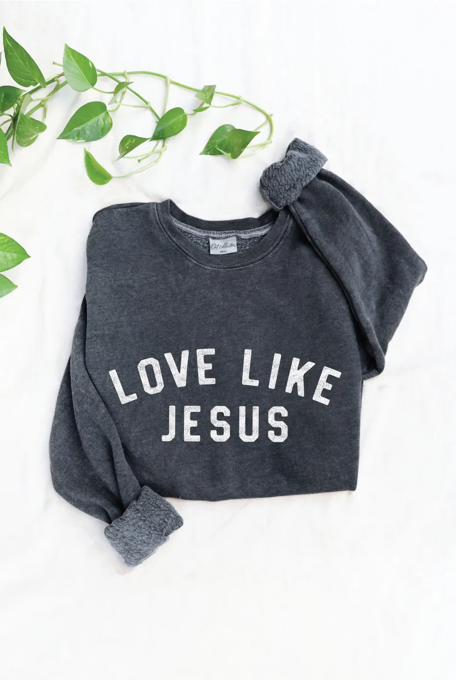 OAT COLLECTIVE WOMEN'S LOVE LIKE JESUS MINERAL WASH CREW SWEATSHIRT - VINTAGE BLACK