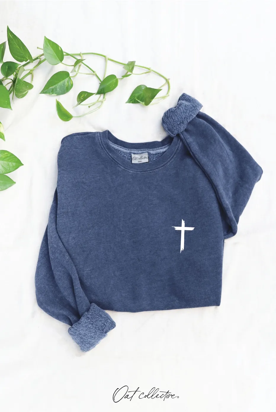 OAT COLLECTIVE JESUS HAS MY BACK MINERAL WASH CREW SWEATSHIRT - VINTAGE DENIM