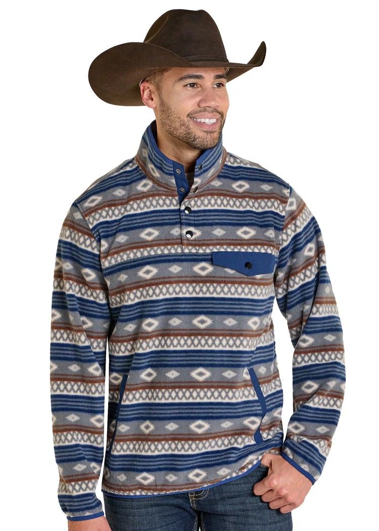 ROCK &amp; ROLL DENIM MEN'S AZTEC FLEECE QUARTER BUTTON PULLOVER - GREY