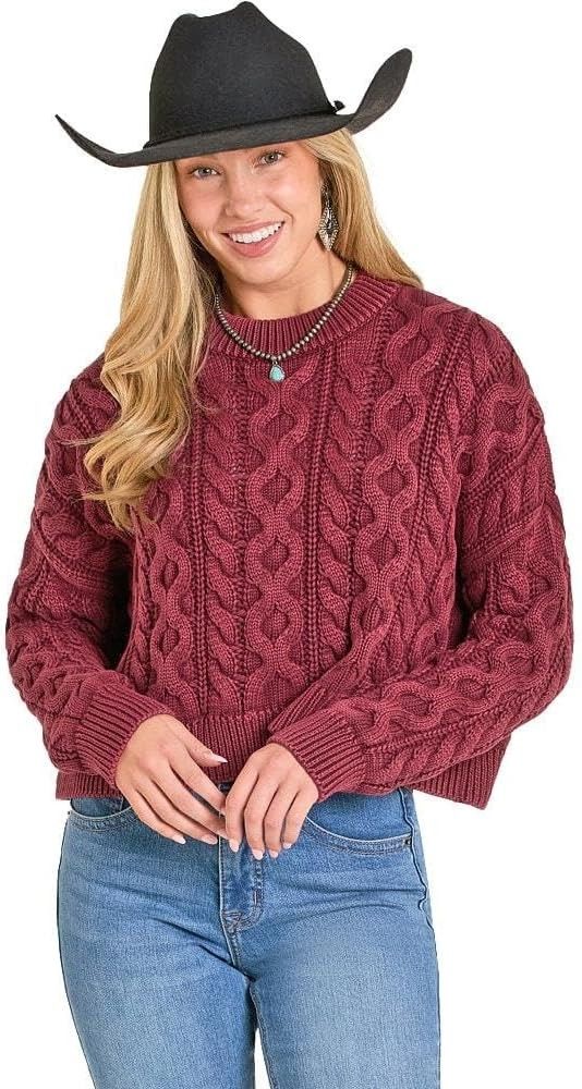 ROCK &amp; ROLL DENIM WOMEN'S CABLE KNIT SWEATER - WINE