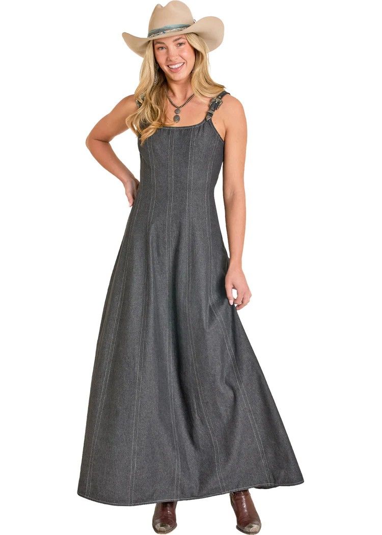 ROCK &amp; ROLL DENIM WOMEN'S BUCKLE MAXI DRESS - BLACK DENIM