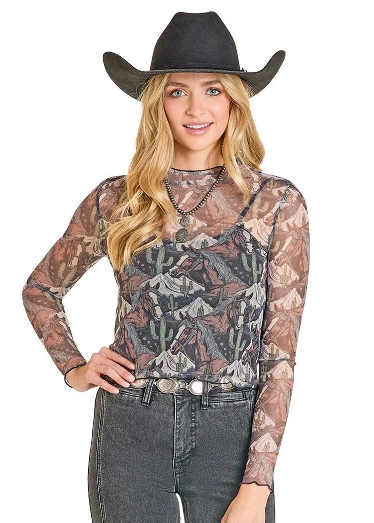 ROCK &amp; ROLL DENIM WOMEN'S MESH PRINT TOP - BLACK