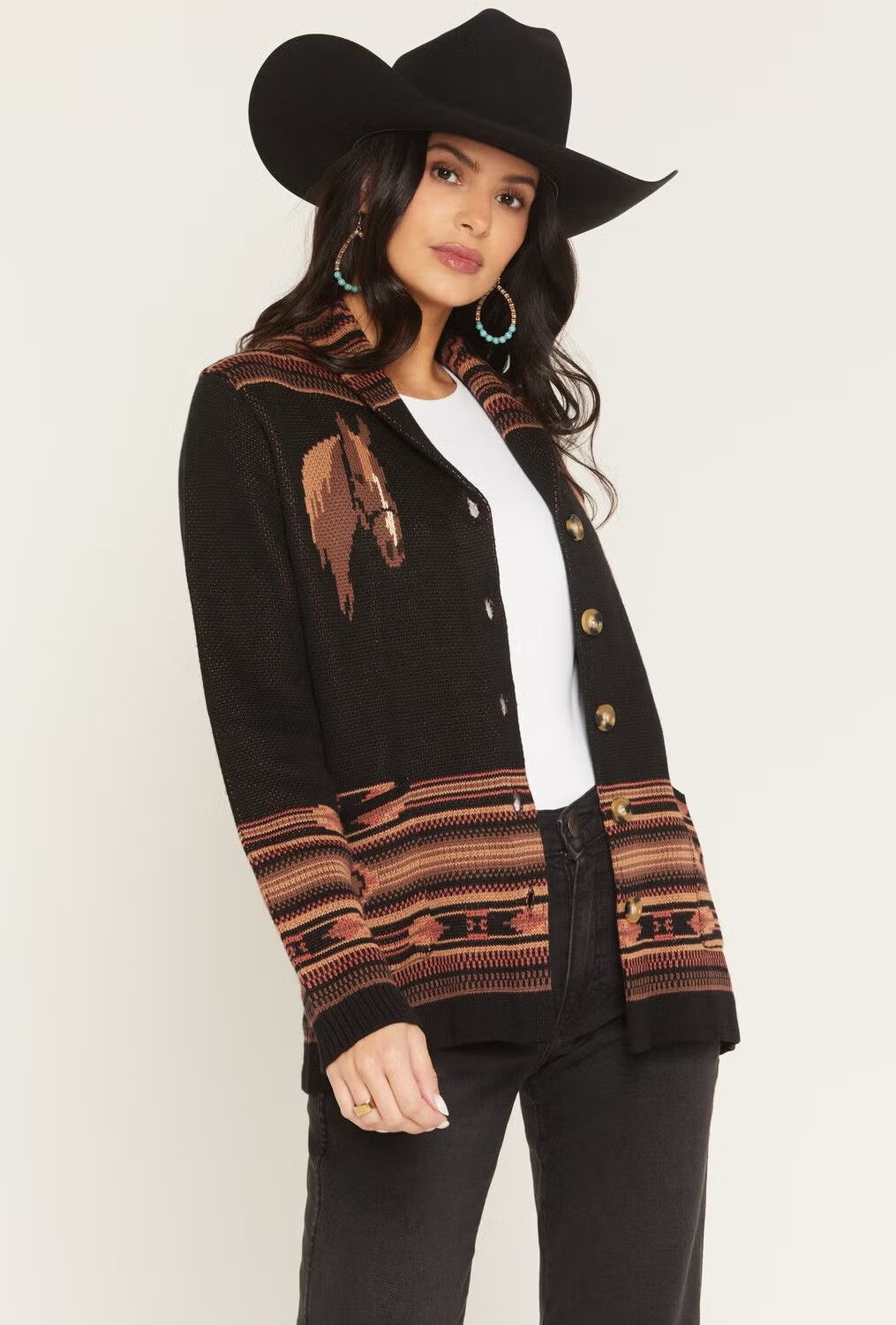COTTON AND RYE HORSE BUTTON KNIT CARDIGAN - BLACK