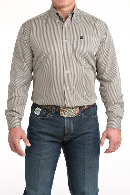 CINCH MEN'S LONG SLEEVE STRIPED TENCEL BUTTON SHIRT - BROWN