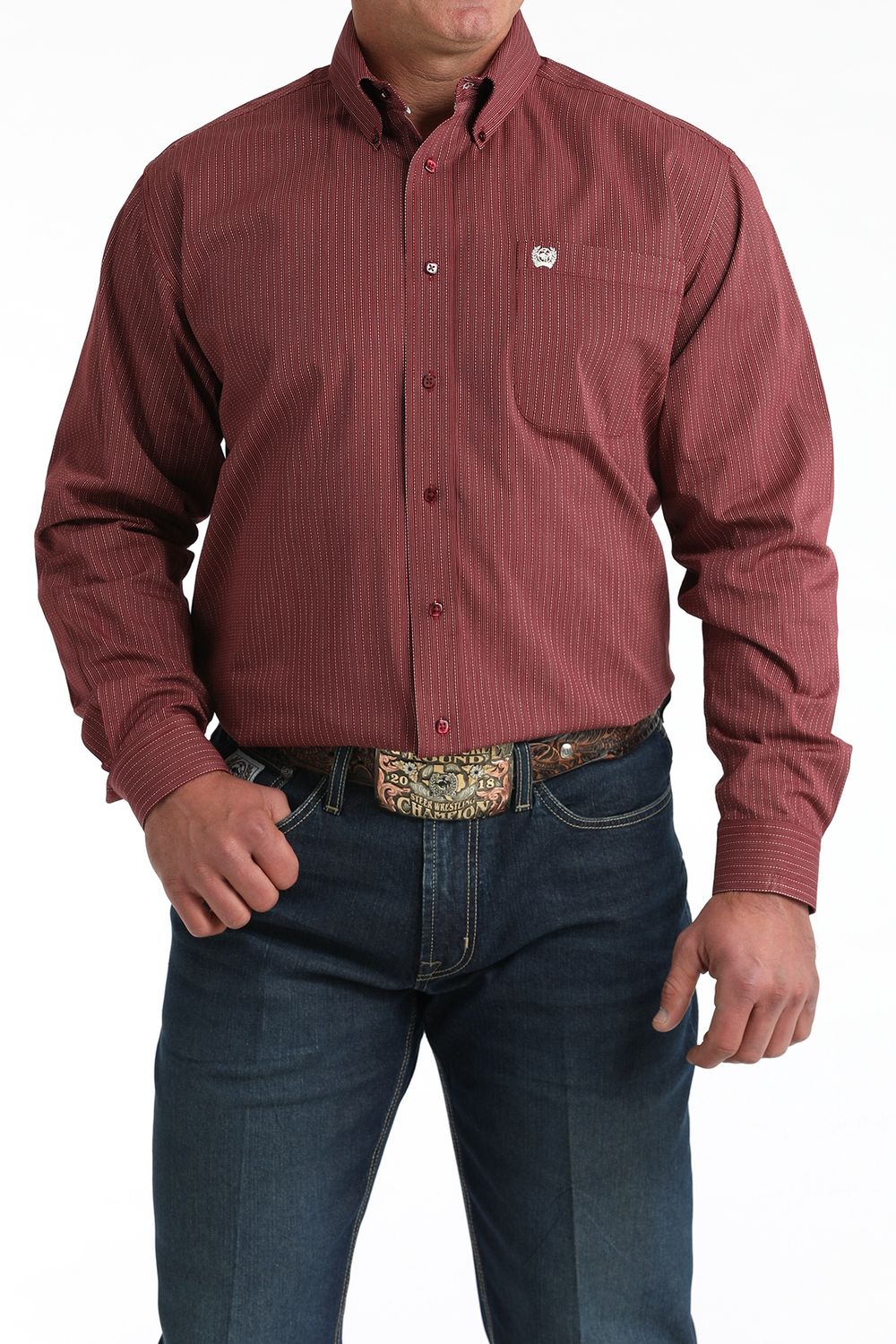 CINCH MEN'S LONG SLEEVE STRIPED BUTTON SHIRT - BURGUNDY